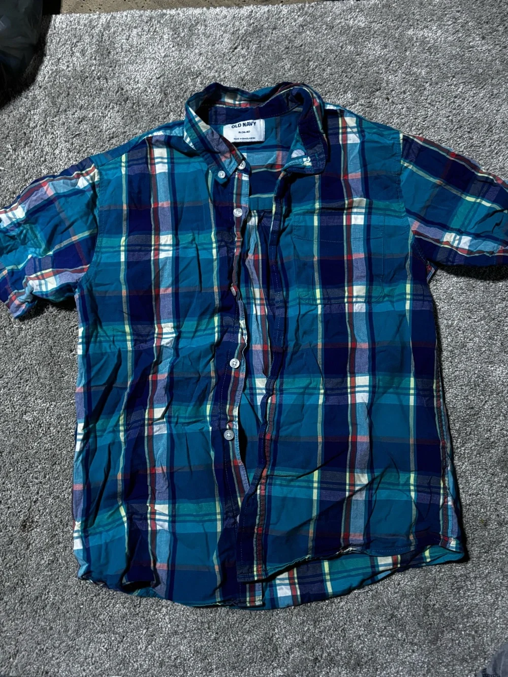 Old Navy Teal and Navy Plaid Short-Sleeve Button-Down Shirt